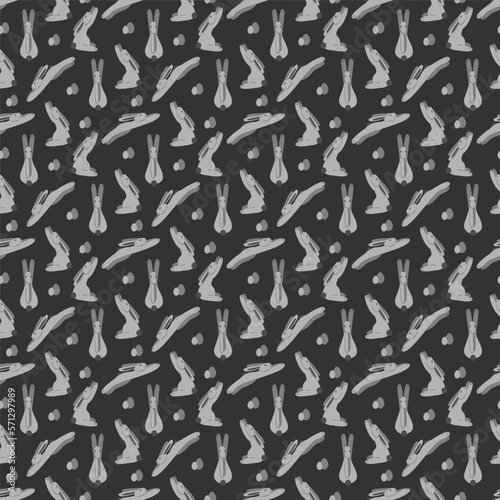Seamless monochrome pattern with cute Easter bunnies and eggs on a dark gray background. Cartoon vector illustration.