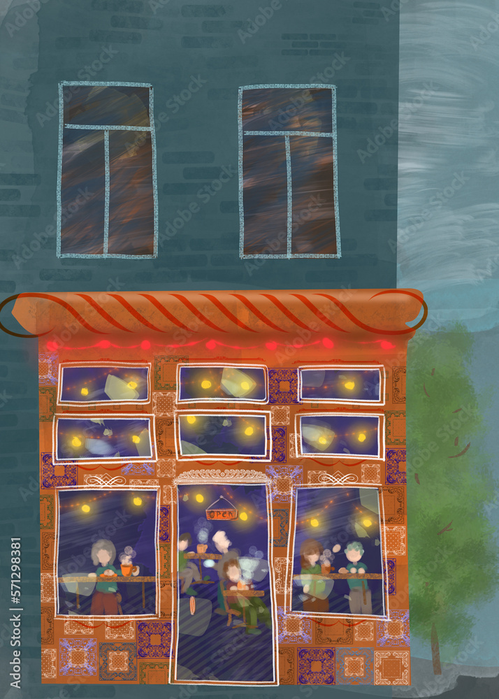 Obraz premium Cafe illustration. Raster magazine image for an article about a coffee shop and a bakery