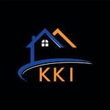 KKI house logo, letter logo. KKI blue image on black background and orange . KKI technology Monogram logo design for entrepreneur best business icon. 
