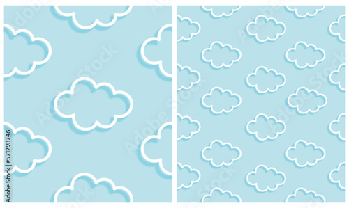 Cute Baby Shower Vector Seamless Pattern with White Glowing Neon Clouds on a Pastel Blue Background. Modern Baby Boy Party Repeatable Print with Big Fluffy Clouds ideal for Wrapping paper, Fabric. 