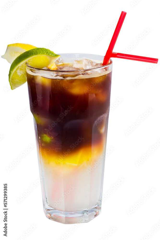 Glass of cold Cola and clear tonic cocktail. Cocktail lemonade with citrus and mint and cola Glass of cold Cola and clear tonic cocktail. Cocktail lemonade with citrus and mint and cola