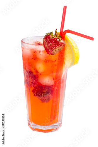 glass of cold fruit cocktail with ice, mint and pieces of fruit on a white background