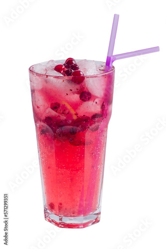 Berry lemonade with red cranberries in a tall glass with ice. Pink cocktail with berries