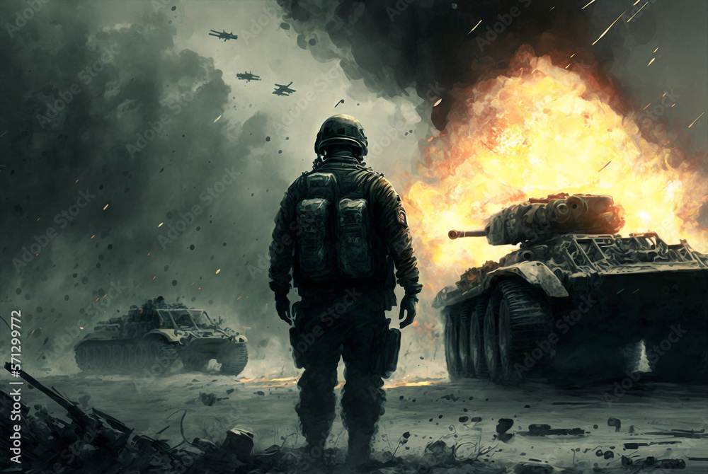 Generative ai soldier standing on cruel war scenes battlefield. Generative ai soldier standing on cruel war scenes battlefield.