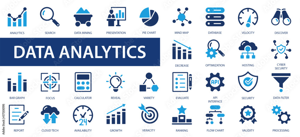 Data analysis icon set. Graphs, statistics, analytics, analysis, big data, growth, chart, research, UI, UX, GUI and more flat icon. - obrazy, fototapety, plakaty 