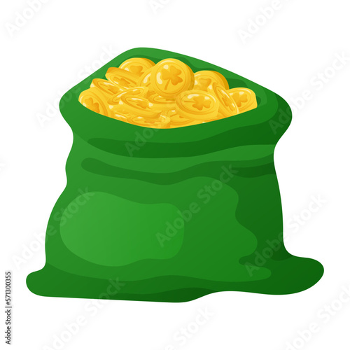 bag with gold coins. symbol of saint patrick's day. lucky coins with clover