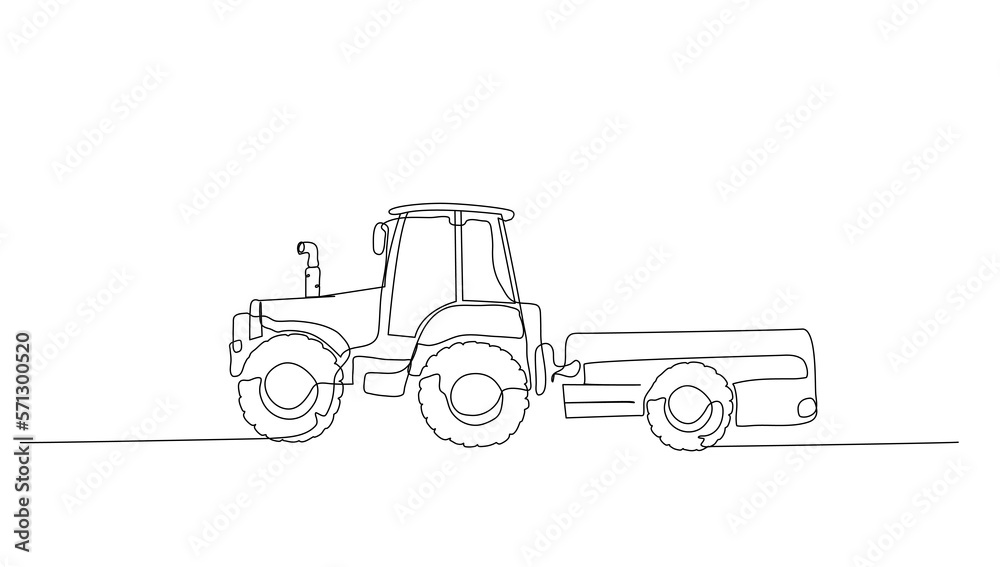 Continuous line art or One Line drawing of tractor for vector ...
