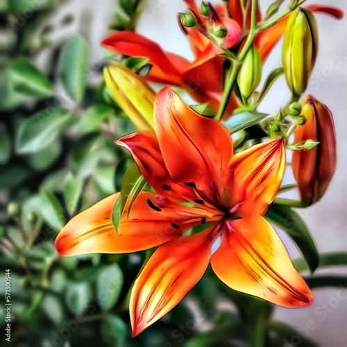 Illustration of a flower of an orange blooming lily close-up