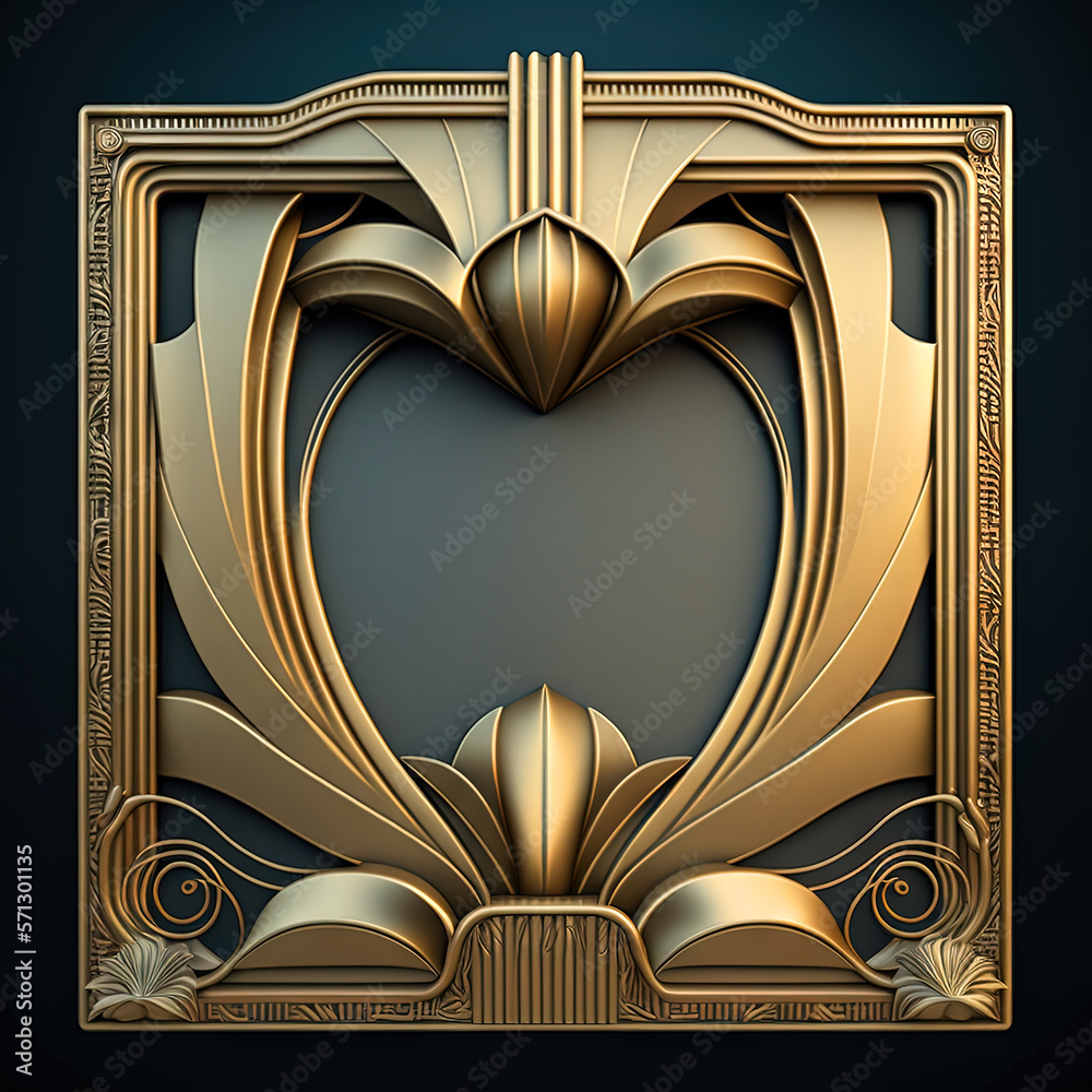 Golden ornamental art deco frame on black bakcground. Retro golden art