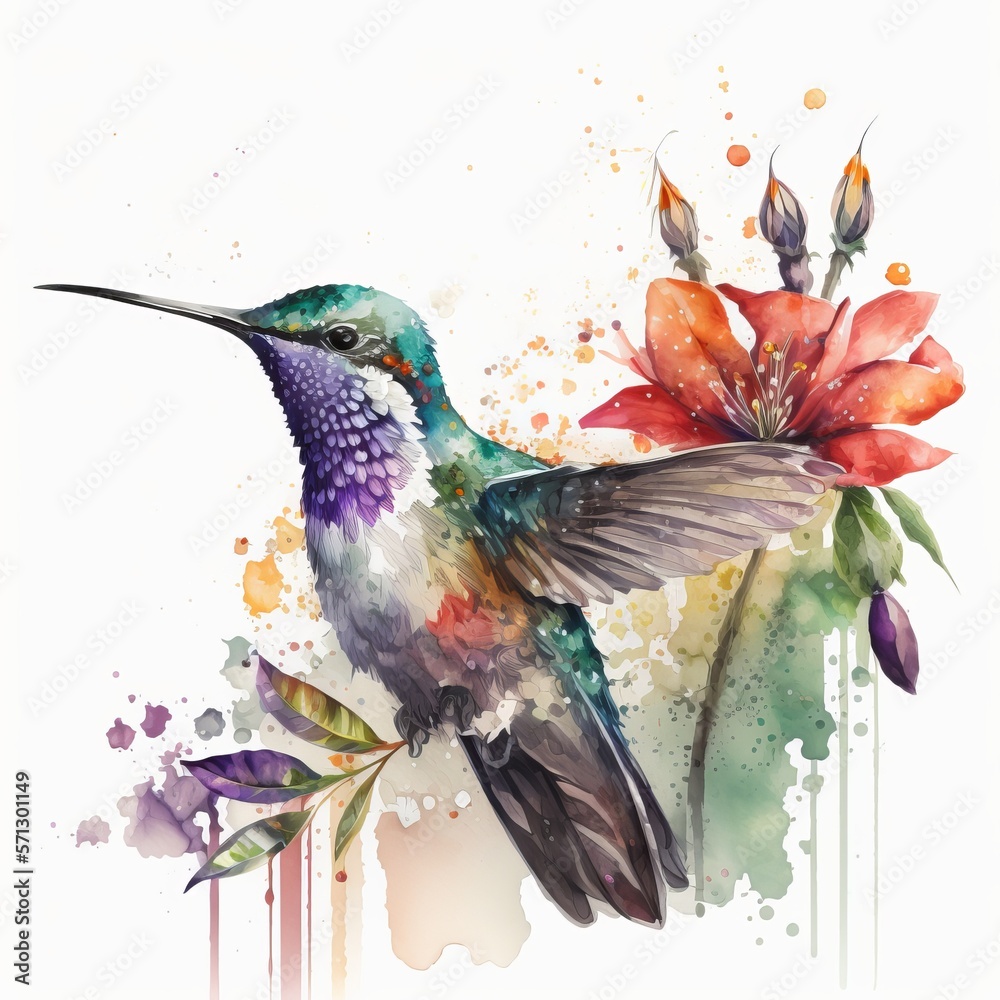 drawing of hummingbird and flowers watercolor background Generative AI