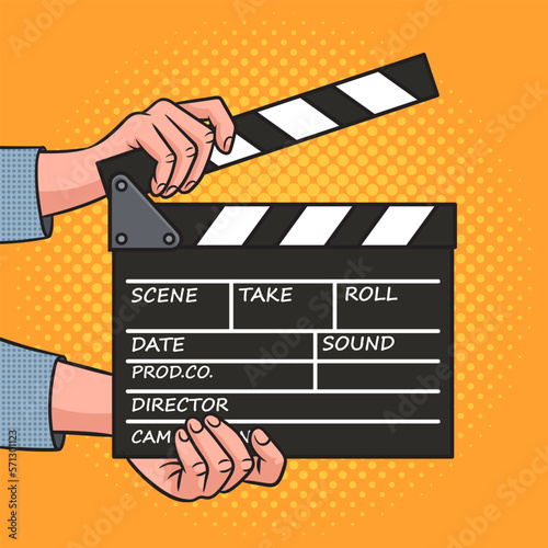Movie clapperboard pop art retro vector illustration. Comic book style imitation.