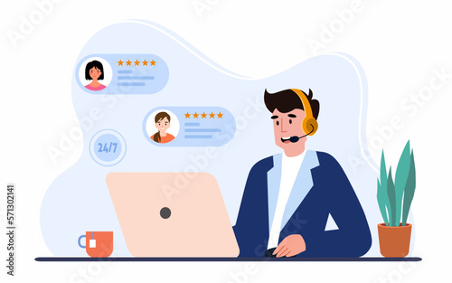 Men with headset is sitting at her computer and talking with client, call center and customer care support concept.