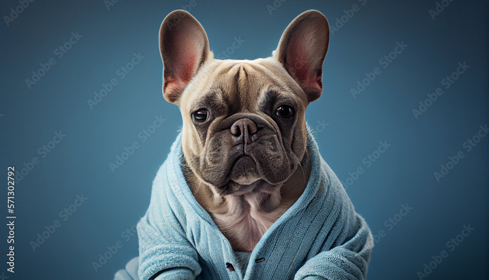 Funny french bulldog in front of blue background, generative AI