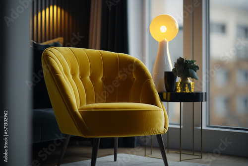Yellow Velvet Accent Chair - Contemporary living room scene with a vibrant yellow velvet accent chair - Generative AI technology