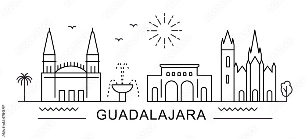 Guadalajara City Line View. Poster print minimal design. Mexico