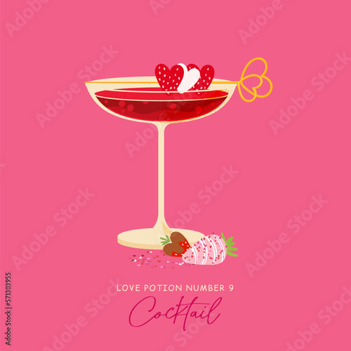 Valentines day love potion cocktail. Red alcohol drink. Romantic holiday beverage vector illustration isolated on pink background