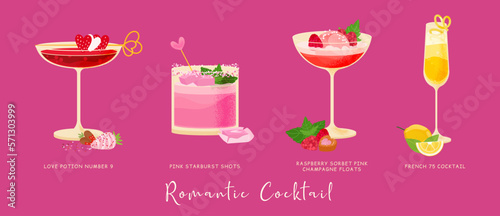Cocktail vector set for Valentine's Day, Mother's Day, Women's Day. Alcohol Drinks with lemon, fruit Chew, raspberries, sorbet, champagne, gin, whiskey. Everything you need for party
