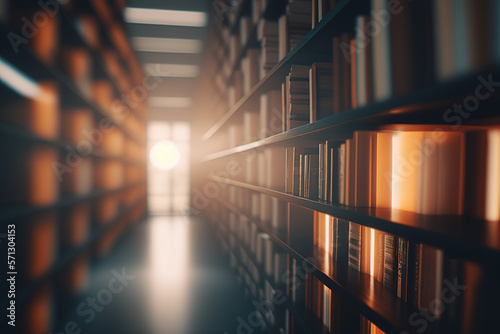 Abstract blurred interior of a library with bookshelves. Generative AI