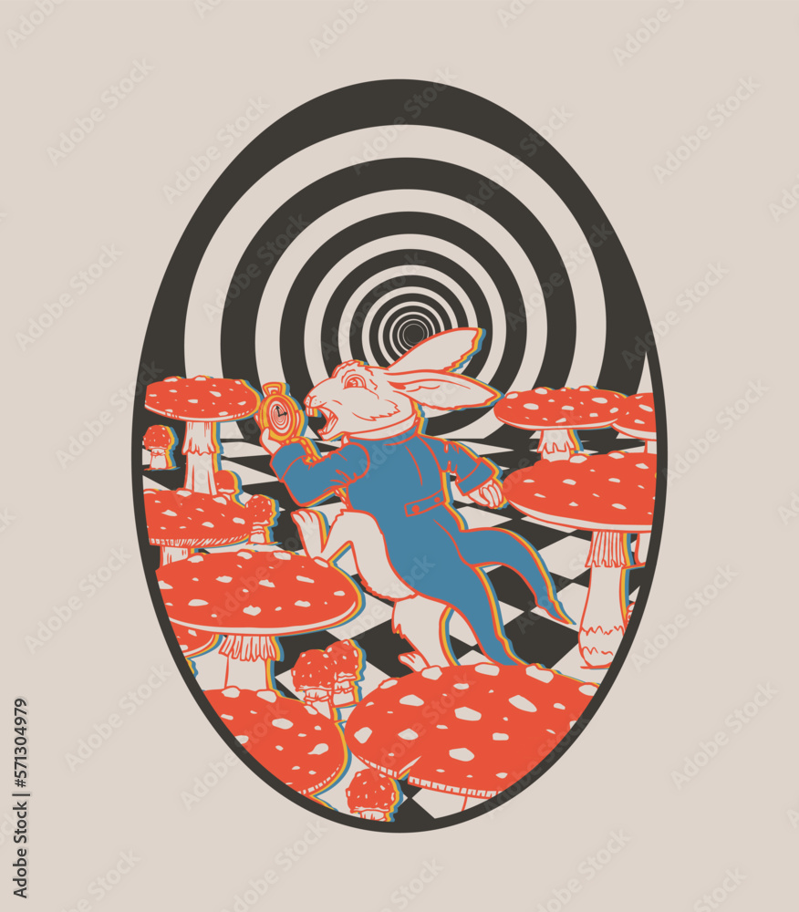 white rabbit from alice in wonderland runs among the mushrooms Stock ...