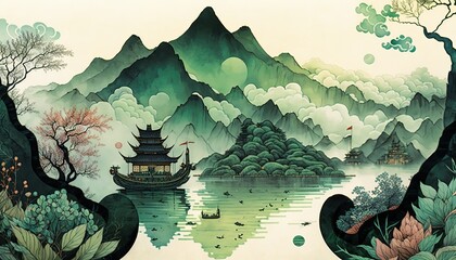 Leinwandbilder Olivgrün Lake and mountain landscape in chinese style background.In traditional oriental, minimalistic Japanese style. AI  © Zaleman