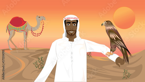 A beautiful desert of golden sand. The hot sun paints the sky in the fiery colours of sunset. An Arabian man holds an eagle on his arm.