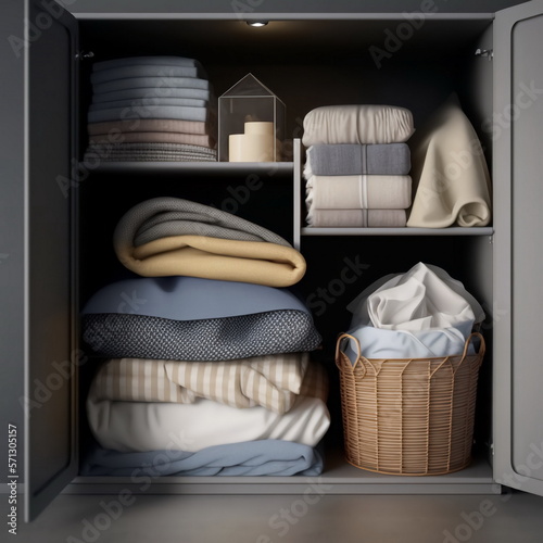 neatly folded bed linen in the closet.
