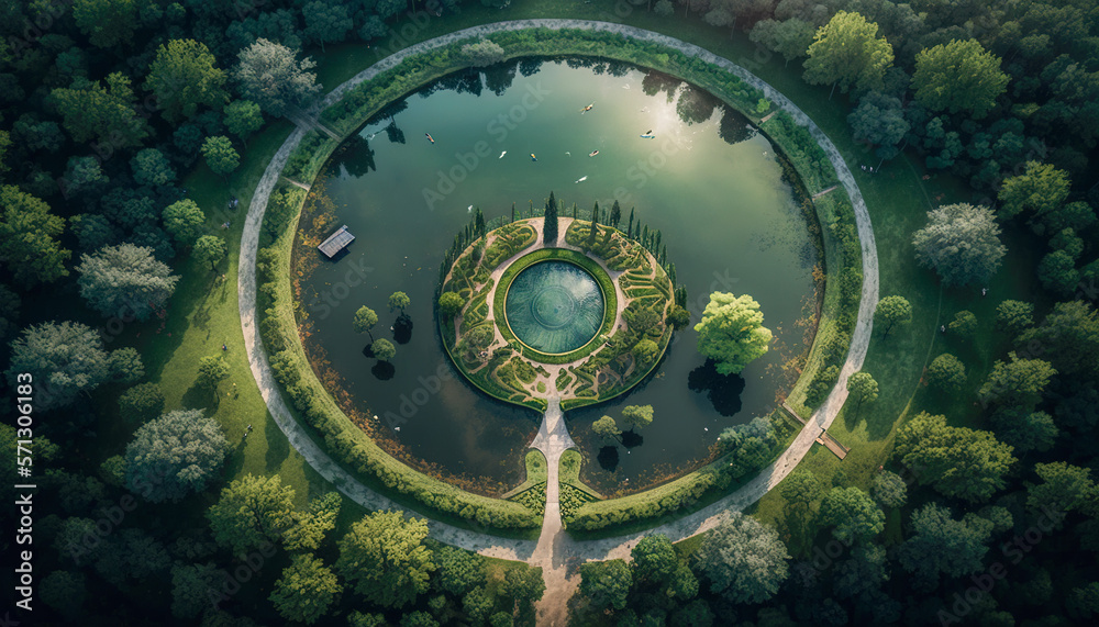 Aerial view of a large round park surrounded by a pond and a forest, Generative AI