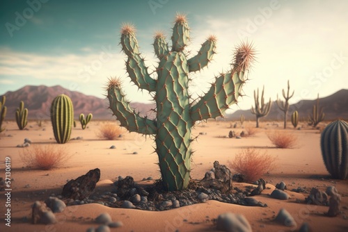 Cactus on the dry desert land. Generative AI