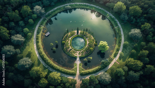 Aerial view of a large round park surrounded by a pond and a forest  Generative AI