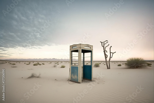 Old abandoned phone booth in the desert, Generative AI photo