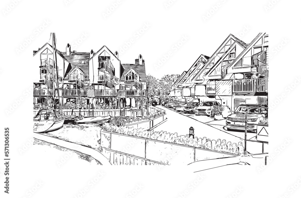 Building view with landmark of  Portsmouth UK. Hand drawn sketch illustration in vector.