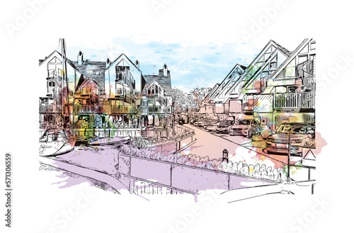 Building view with landmark of Portsmouth is a city of UK Watercolor splash with Hand drawn sketch illustration in vector.