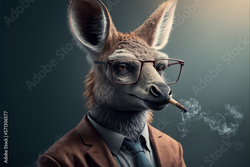 Donkey in 3 piece suit and glasses, cigarettes, Generative Ai