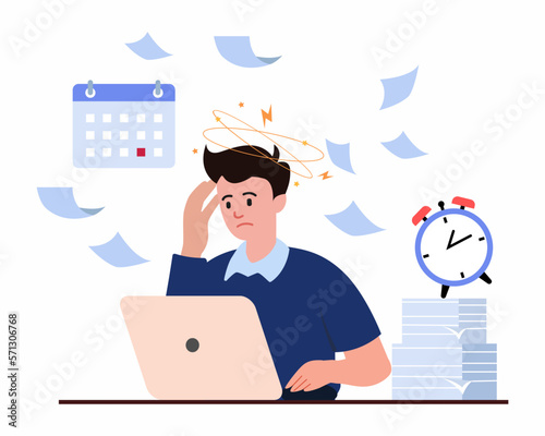 Exhausted man sitting at his workplace with a computer,  Concept of burnout and overload, complete deadline.