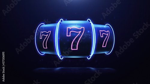 3d render Neon slot machine hit jackpot 777
