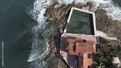 Aerial view of Isola Piccola, a building on a small island in Marzamemi, Pachino, Syracuse, Sicily, Italy.