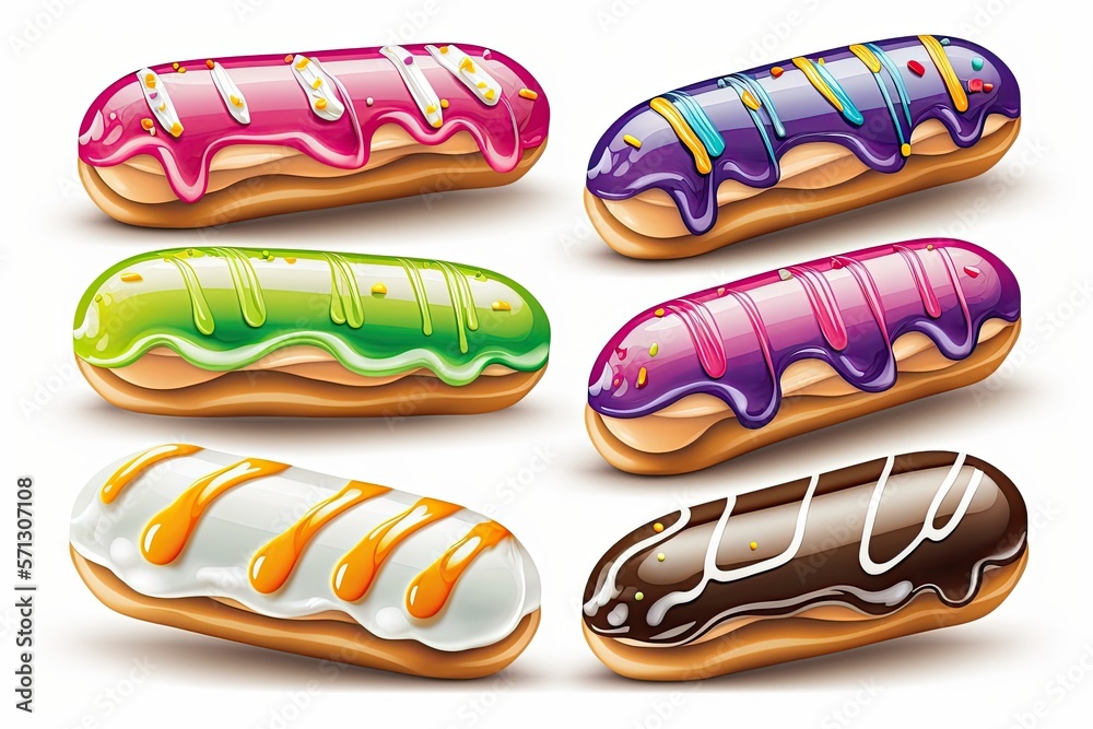 A set of eclairs in colored glaze on a white background. Generative AI