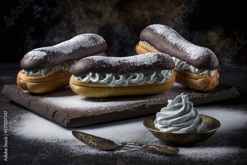 Classic eclairs with cream in chocolate glaze with sugar sprinkles. Generative AI