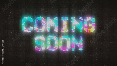 COMING SOON text with glitch background concept for video games screen.