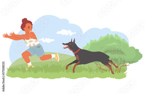 Cute little girl child scared of dog vector