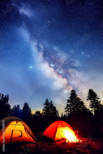 Camping fire under the amazing blue starry sky with a lot of shining stars and clouds. Travel recreational outdoor activity concept - generative ai