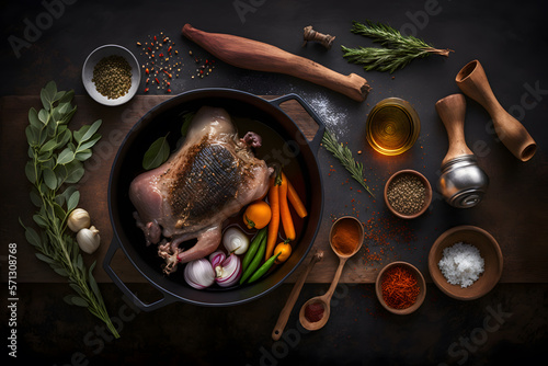 Ingredients for roasted pork knuckle in casserole with spices made with Generative AI