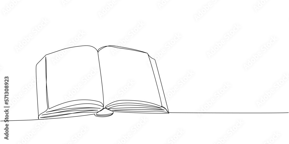 Open large book with hardcover one line art. Continuous line drawing of book, library, education, school, study, literature, paper, textbook, knowledge, read, learn, page, reading. Open large book with hardcover one line art. Continuous line drawing of book, library, education, school, study, literature, paper, textbook, knowledge, read, learn, page, reading.