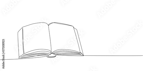 Open large book with hardcover one line art. Continuous line drawing of book, library, education, school, study, literature, paper, textbook, knowledge, read, learn, page, reading.