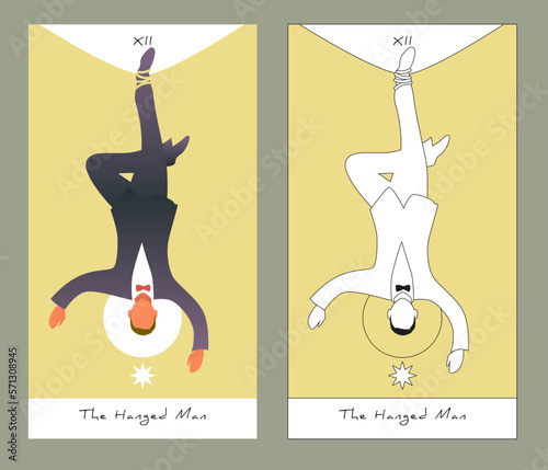Major Arcana Tarot Cards. Stylized design. The Hanged Man. Man in a suit hanging by one foot upside down