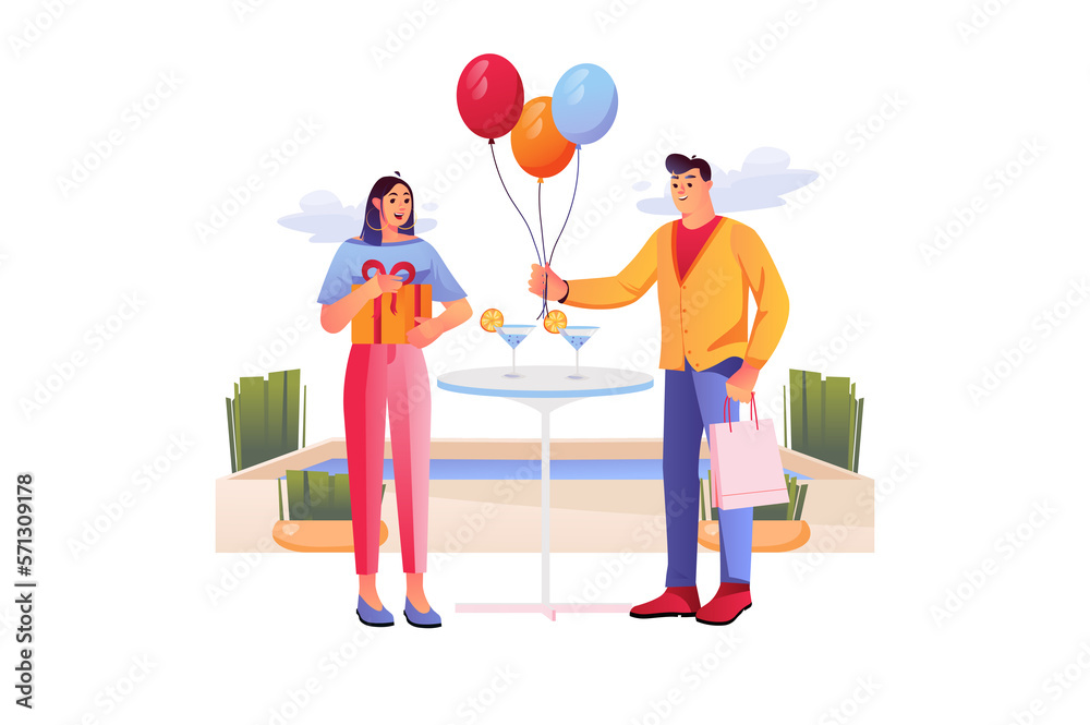 Celebration concept with people scene in the flat cartoon design. Man congratulates his friend on the holiday and gives her balloons. Celebration concept with people scene in the flat cartoon design. Man congratulates his friend on the holiday and gives her balloons.