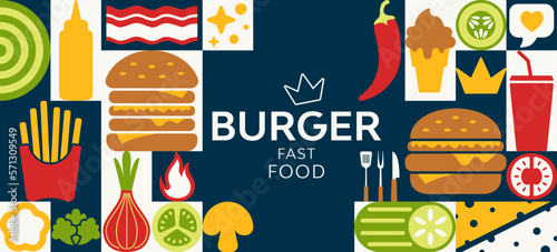 Burgers and ingredients in simple geometric shapes. Elements for burgers restaurant menu design. Great for flyer, web poster, Fast food, junk food. American food presentation templates, cover design.