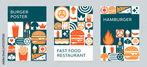 Fast food restaurant business marketing social media banner post template with geometric shapes background, logo and icon. Healthy burger and fast foods online sale promotion flyer. Food web poster.