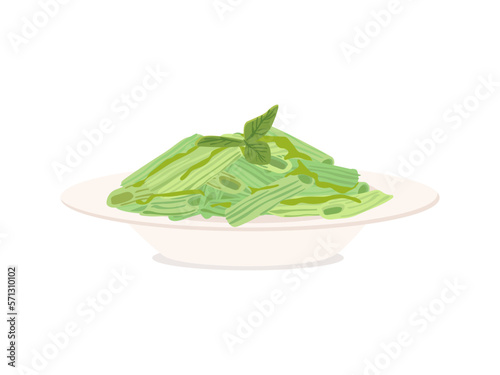 Penne pasta with pesto sauce, zucchini, green peas and basil. Italian food. Isolated on white background.