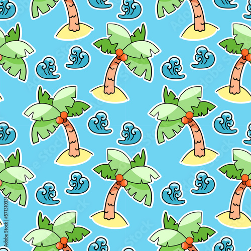 Cartoon palm tree, summer pattern, vector seamless pattern in the style of doodles, hand draw